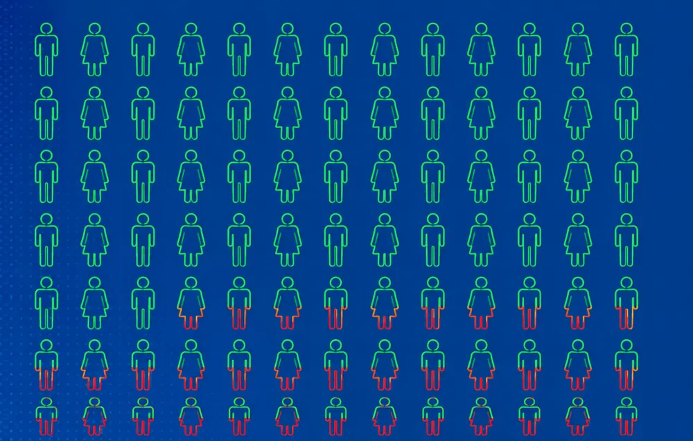 Illustratie met rijen figuurtjes op een blauwe achtergrond, bij een deel ervan zijn de benen rood