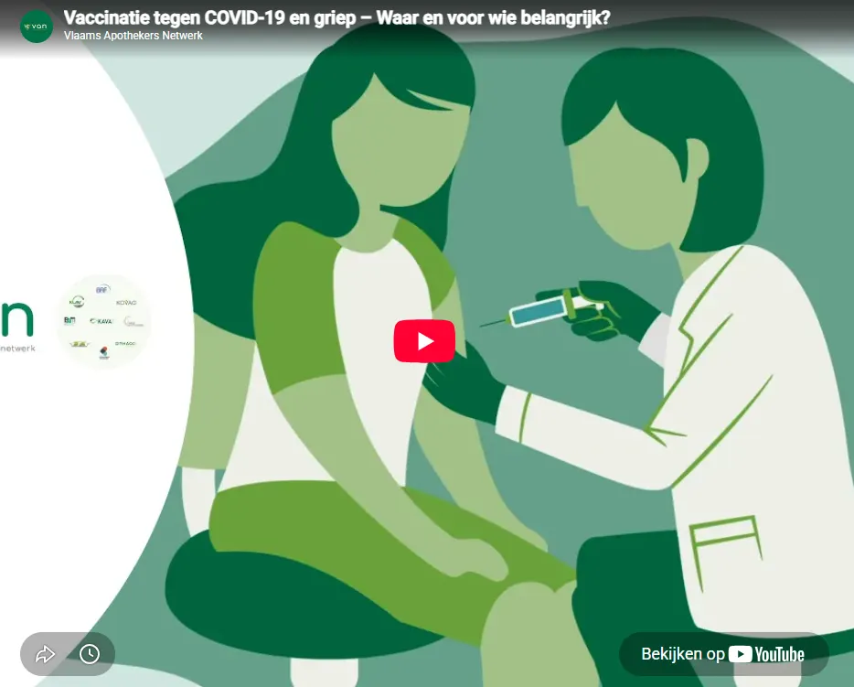 Schermafbeelding van de animatievideo van het Vlaams Apothekers Netwerk over vaccinatie tegen COVID-19 en griep