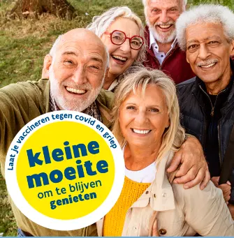 Campagnebeeld "Laat je vaccineren tegen covid en griep. Kleine moeite om te blijven genieten" met een groep senioren